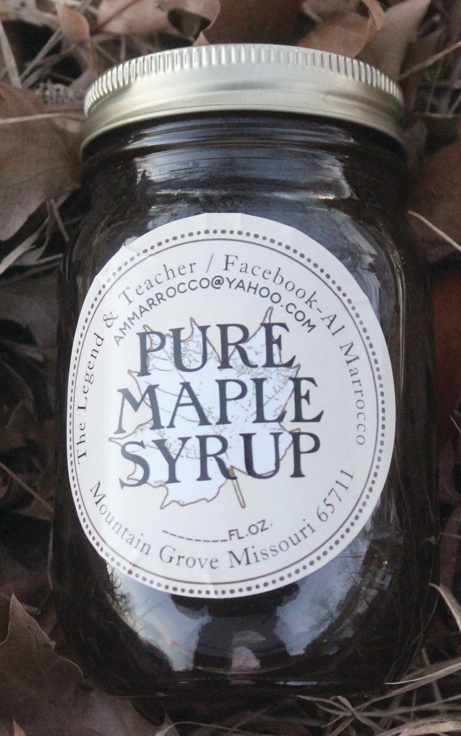 Allen Marrocco’s Pure Maple Syrup label on a jar of maple syrup.